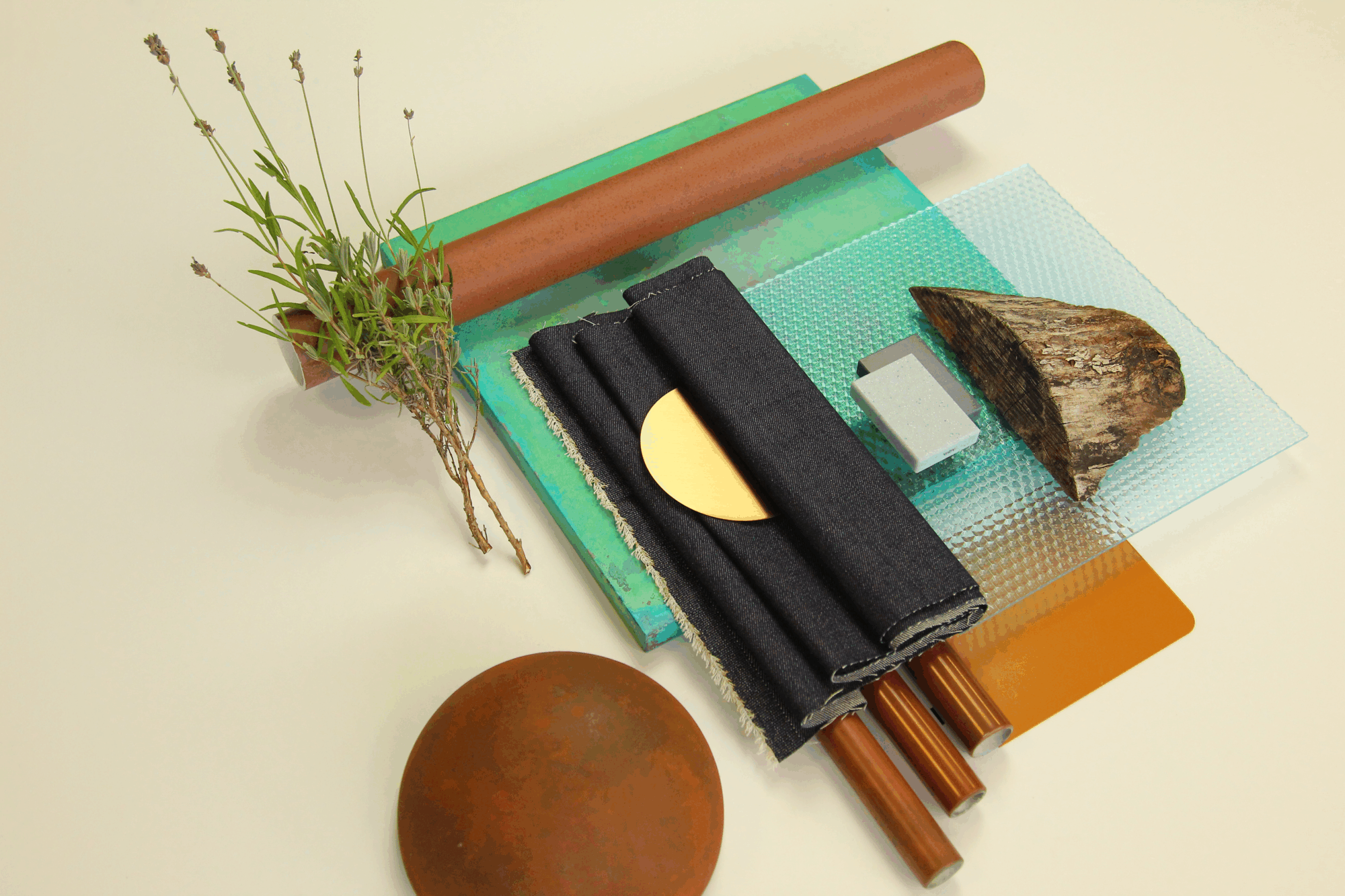 Mood board of our liquid metal samples and other materials