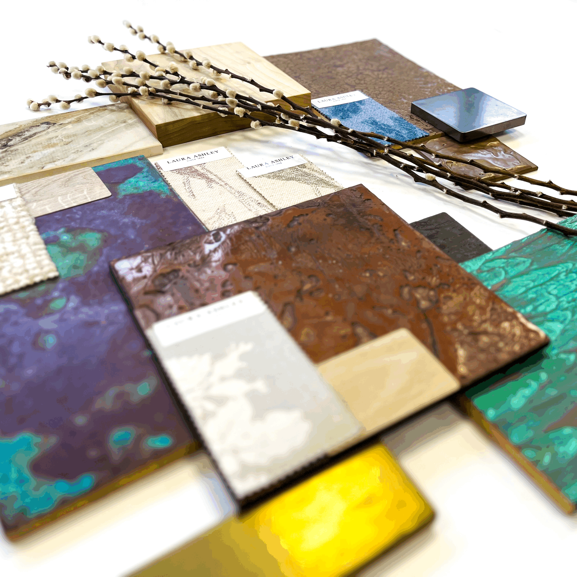 Moodboard for our liquid metal and paint samples with our materials