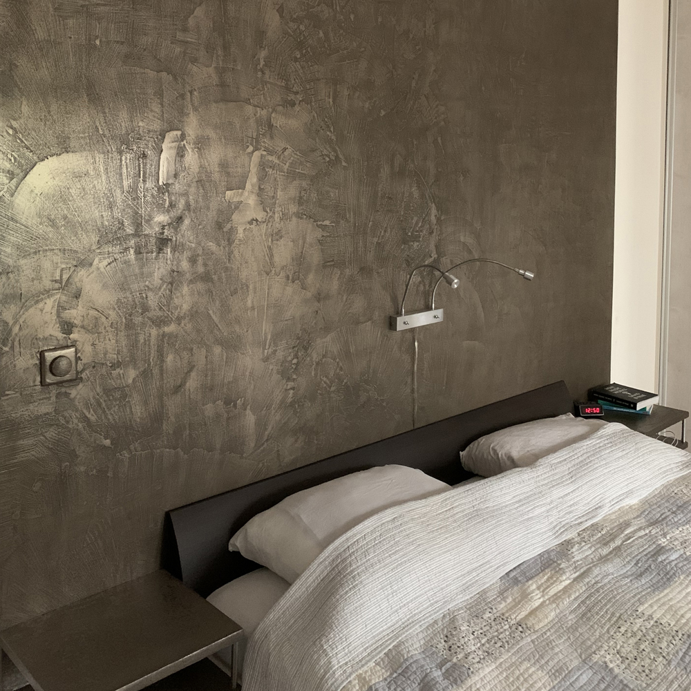 Nickel Silver mixed with bronze with a spatula texture used on a feature wall in a bedroom